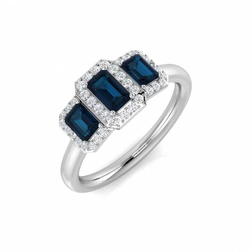 Emerald/Round Blue Topaz Gemstone Trilogy Ring