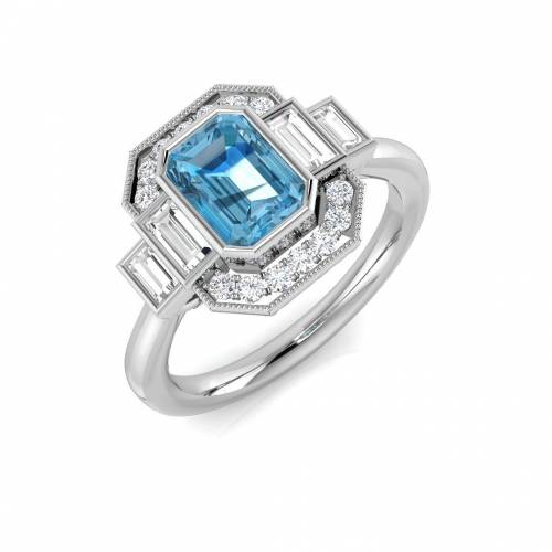 Emerald Cut Blue Topaz Gemstone Bezel Set Ring