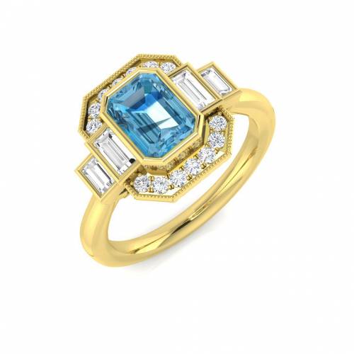 Emerald Cut Blue Topaz Gemstone Bezel Set Ring