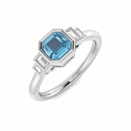 Emerald Cut Blue Topaz Gemstone Bezel Set Ring
