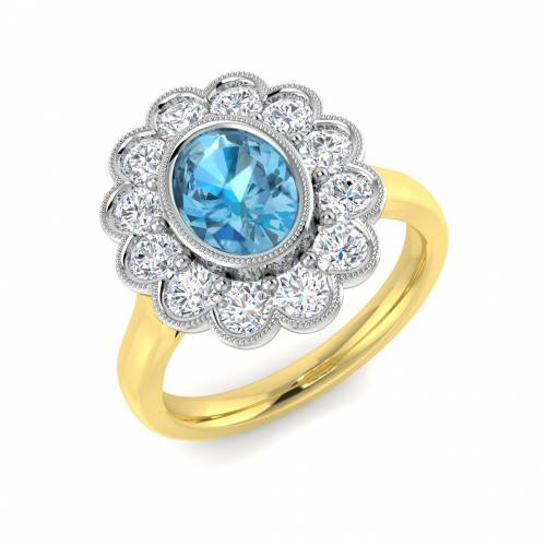 Oval Cut Blue Topaz Gemstone Bezel Set Halo Ring
