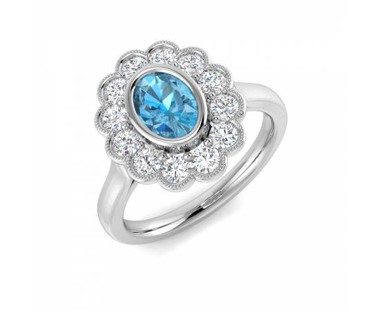 Oval Cut Blue Topaz Gemstone Bezel Set Halo Ring